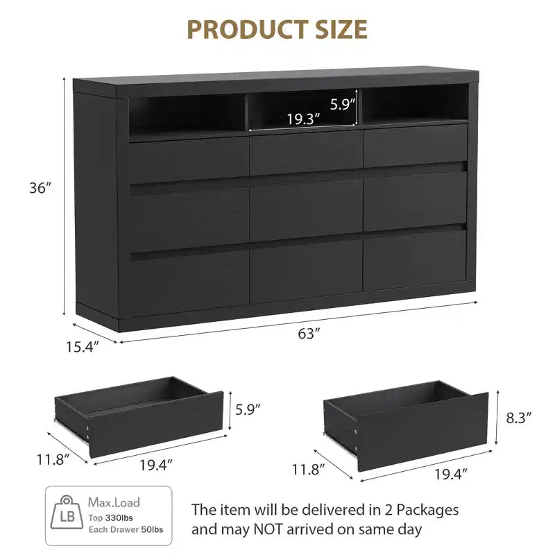 9 Drawer Dresser, Modern Wooden Chest of Drawers with 3 Open Shelves, Dresser for Bedroom, Living Room, Closet Storage