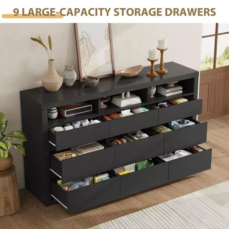 9 Drawer Dresser, Modern Wooden Chest of Drawers with 3 Open Shelves, Dresser for Bedroom, Living Room, Closet Storage