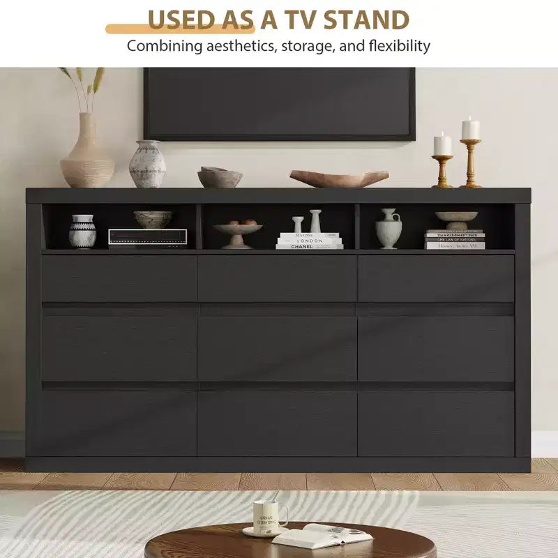 9 Drawer Dresser, Modern Wooden Chest of Drawers with 3 Open Shelves, Dresser for Bedroom, Living Room, Closet Storage
