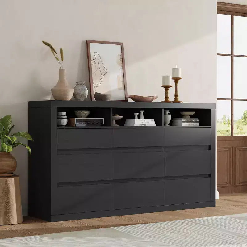 9 Drawer Dresser, Modern Wooden Chest of Drawers with 3 Open Shelves, Dresser for Bedroom, Living Room, Closet Storage