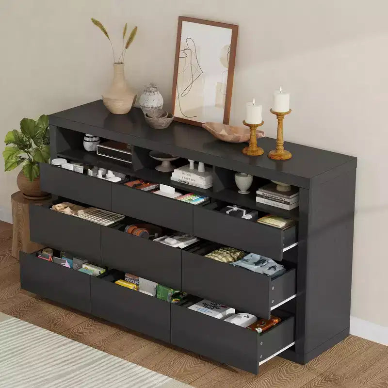 9 Drawer Dresser, Modern Wooden Chest of Drawers with 3 Open Shelves, Dresser for Bedroom, Living Room, Closet Storage