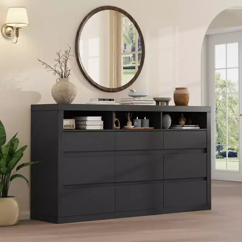 9 Drawer Dresser, Modern Wooden Chest of Drawers with 3 Open Shelves, Dresser for Bedroom, Living Room, Closet Storage