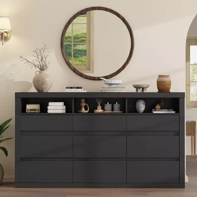 9 Drawer Dresser, Modern Wooden Chest of Drawers with 3 Open Shelves, Dresser for Bedroom, Living Room, Closet Storage