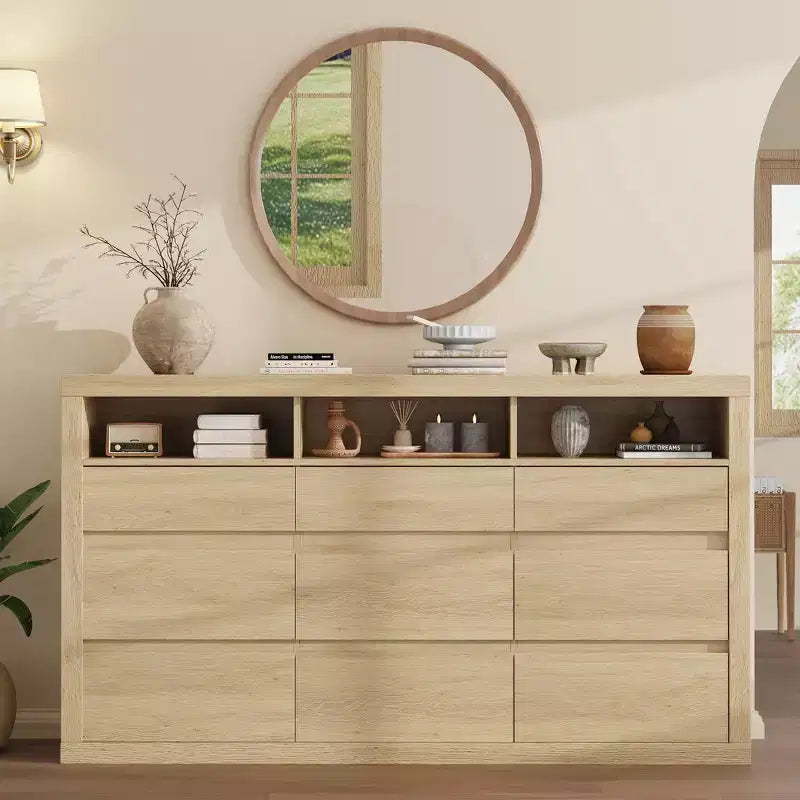 9 Drawer Dresser, Modern Wooden Chest of Drawers with 3 Open Shelves, Dresser for Bedroom, Living Room, Closet Storage