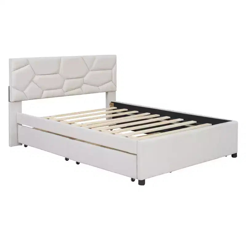 Luxystar Modern Full Linen Upholstered Platform Bed with Brick Pattern Headboard, Trundle and 2 Drawers