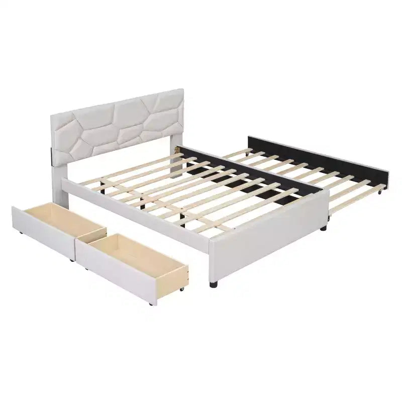Luxystar Modern Full Linen Upholstered Platform Bed with Brick Pattern Headboard, Trundle and 2 Drawers