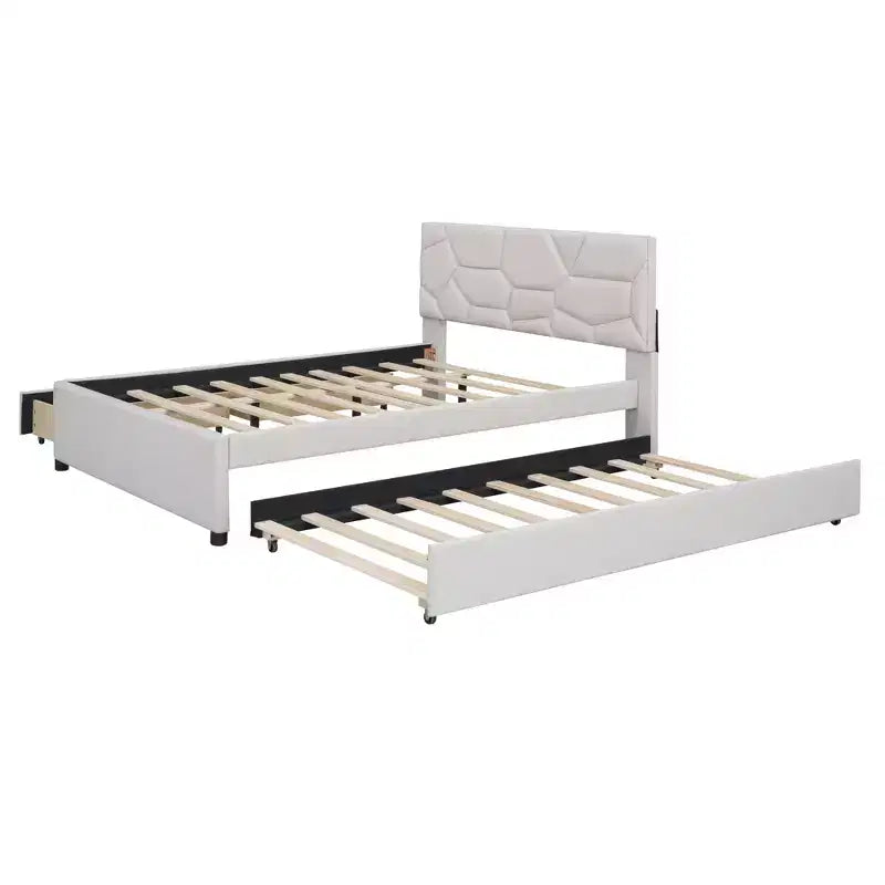 Luxystar Modern Full Linen Upholstered Platform Bed with Brick Pattern Headboard, Trundle and 2 Drawers