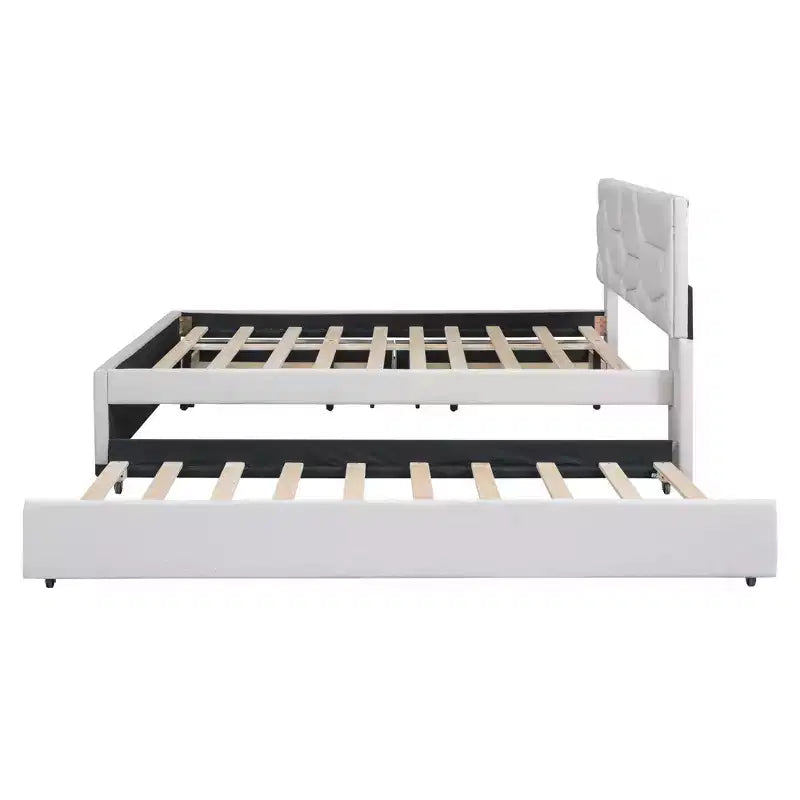 Luxystar Modern Full Linen Upholstered Platform Bed with Brick Pattern Headboard, Trundle and 2 Drawers