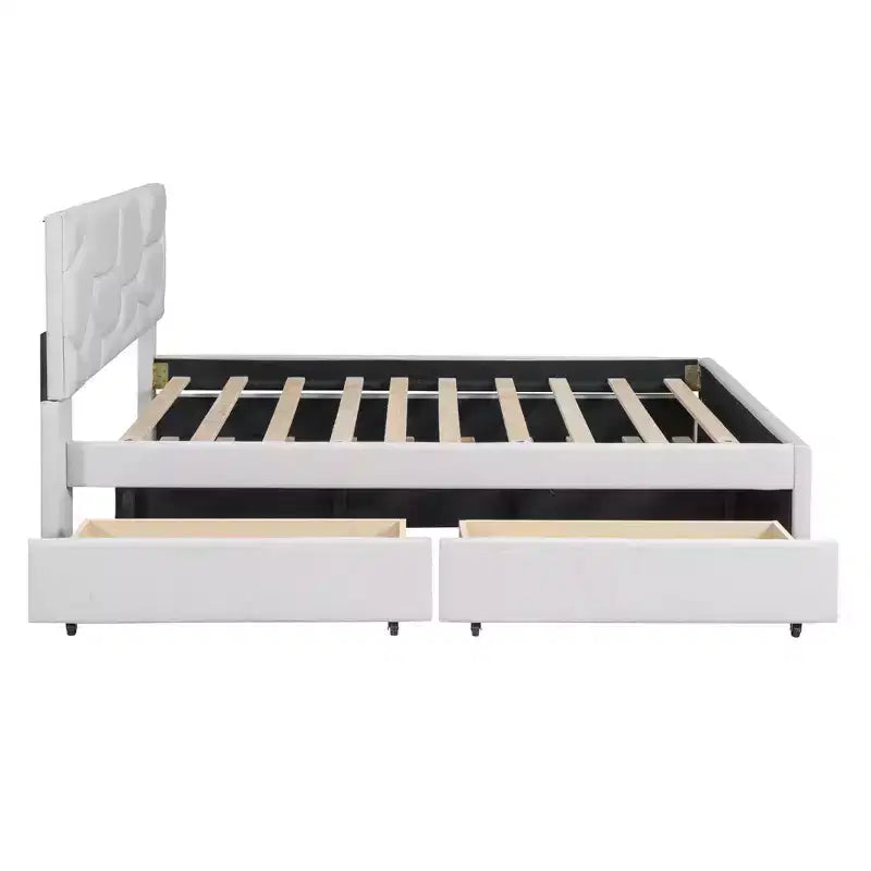 Luxystar Modern Full Linen Upholstered Platform Bed with Brick Pattern Headboard, Trundle and 2 Drawers