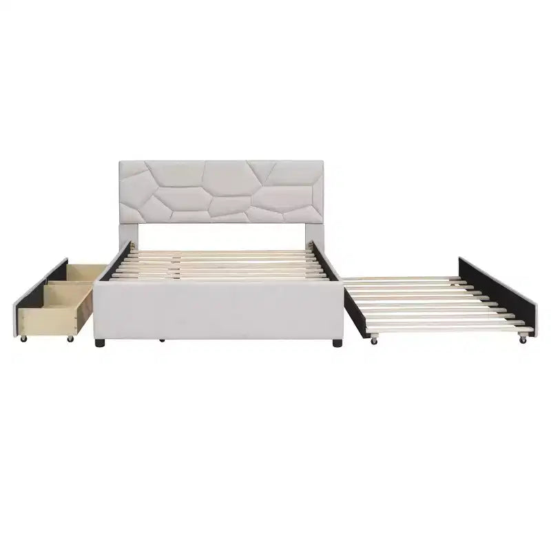 Luxystar Modern Full Linen Upholstered Platform Bed with Brick Pattern Headboard, Trundle and 2 Drawers