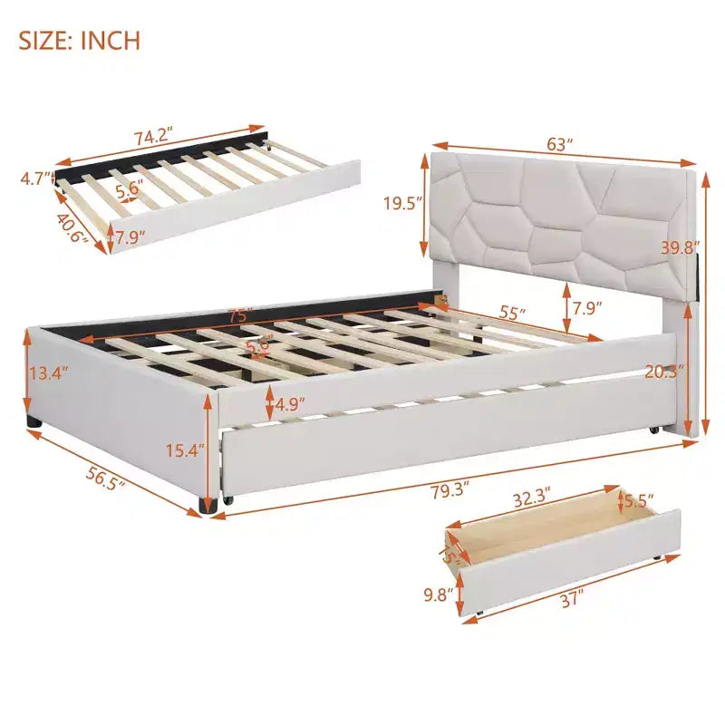 Luxystar Modern Full Linen Upholstered Platform Bed with Brick Pattern Headboard, Trundle and 2 Drawers