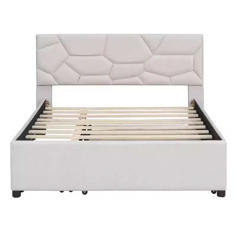 Luxystar Modern Full Linen Upholstered Platform Bed with Brick Pattern Headboard, Trundle and 2 Drawers