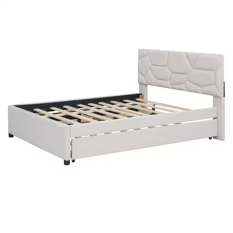 Luxystar Modern Full Linen Upholstered Platform Bed with Brick Pattern Headboard, Trundle and 2 Drawers