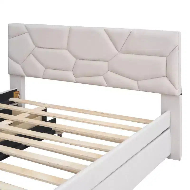 Luxystar Modern Full Linen Upholstered Platform Bed with Brick Pattern Headboard, Trundle and 2 Drawers