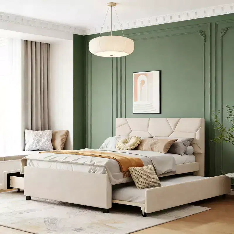 Luxystar Modern Full Linen Upholstered Platform Bed with Brick Pattern Headboard, Trundle and 2 Drawers