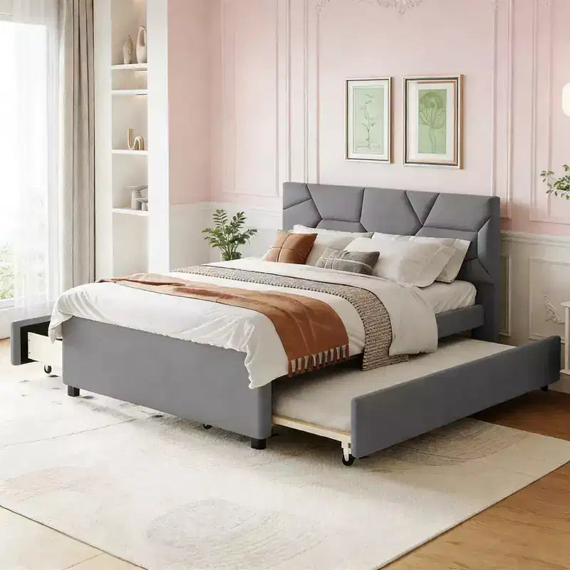 Luxystar Modern Full Linen Upholstered Platform Bed with Brick Pattern Headboard, Trundle and 2 Drawers